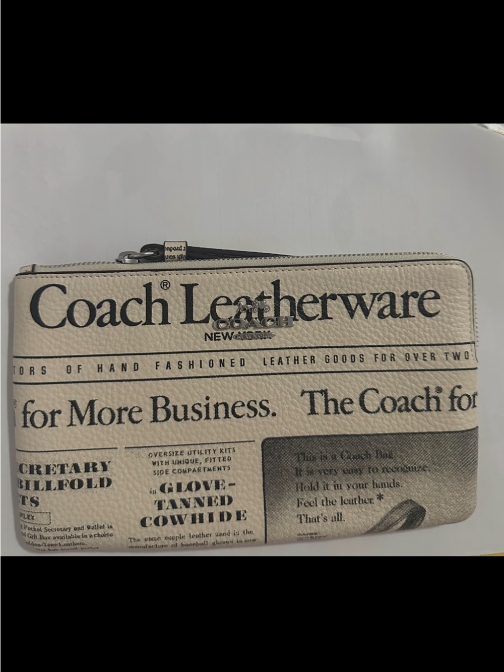 Coach Leather Zip Wallet in Cream and Black Newspaper Print